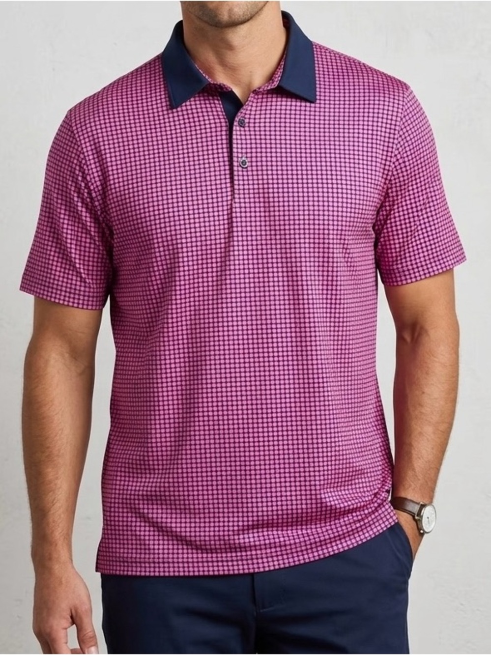 Maelreg Polo Shirt Mens XL Pink Navy Performance Geometric Golf Contrast Collar